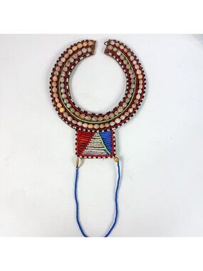 Vintage African Tribal Maasai Seed Beaded Shells Necklace Handmade In Kenya